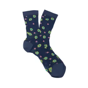 Women's thin navy blue socks with green flowers